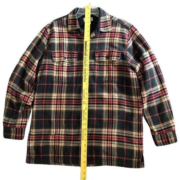 LL Bean Flannel Shacket Mens M Olive Plaid Fleece Lined Button Up Shirt Jacket - Picture 9 of 12